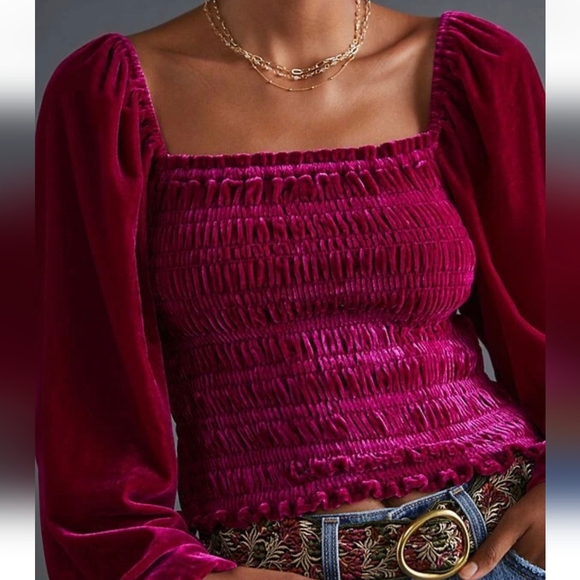 Anthropologie Raspberry Magenta Deep Pink Velvet Smocked Long Sleeve Top XXS - Picture 2 of 14